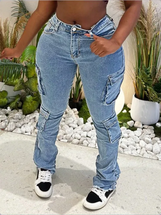 

Fashionable and Trendy High Street Workwear Style Solid Color Washed Distressed Denim Low Waist Multi Pocket Design Tight Jeans