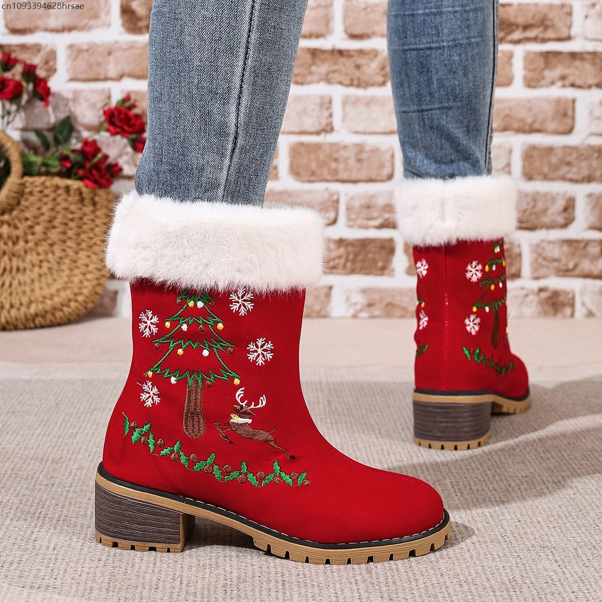 Women Christmas White Furry Tirm Red Ankle Boots Christmas Tree Reindeer Snowflake Print Block Heel Winter Xmas Party Footwear