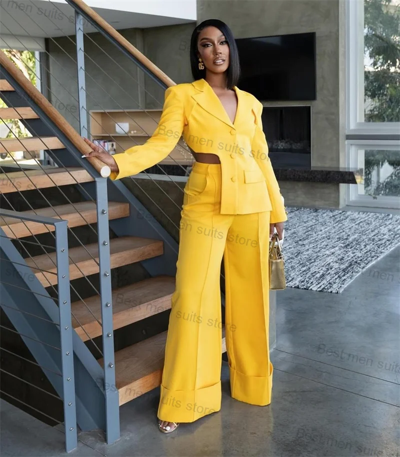 Sexy Yellow Women Suit Pants Set 2 Piece Backless Blazer+Trousers Formal Office Lady Jacket Double Breasted Wedding Prom Coat