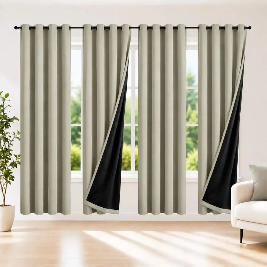 Cream Beige 4 Panels 100% Blackout Curtains With Black Waterproof Backing, Thermal Insulated Window Drapes For Bedroom