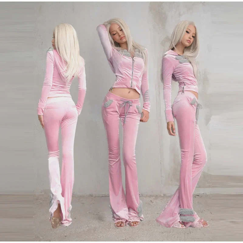Damen-Hosen-Sets Kunstfell-Patchwork Langarm-Reißverschluss-Hoodies Mäntel Hochgeschnittene Schlaghosen Herbst Neue Schlanke Outfits für Frauen – Detail 2