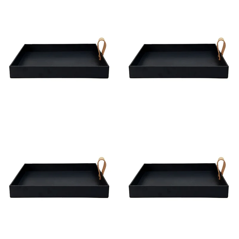 

4X Creative Square PU Leather Serving Tray Decorative Dish Cosmetics Sundries Desktop Storage Plate With Handle(Black)