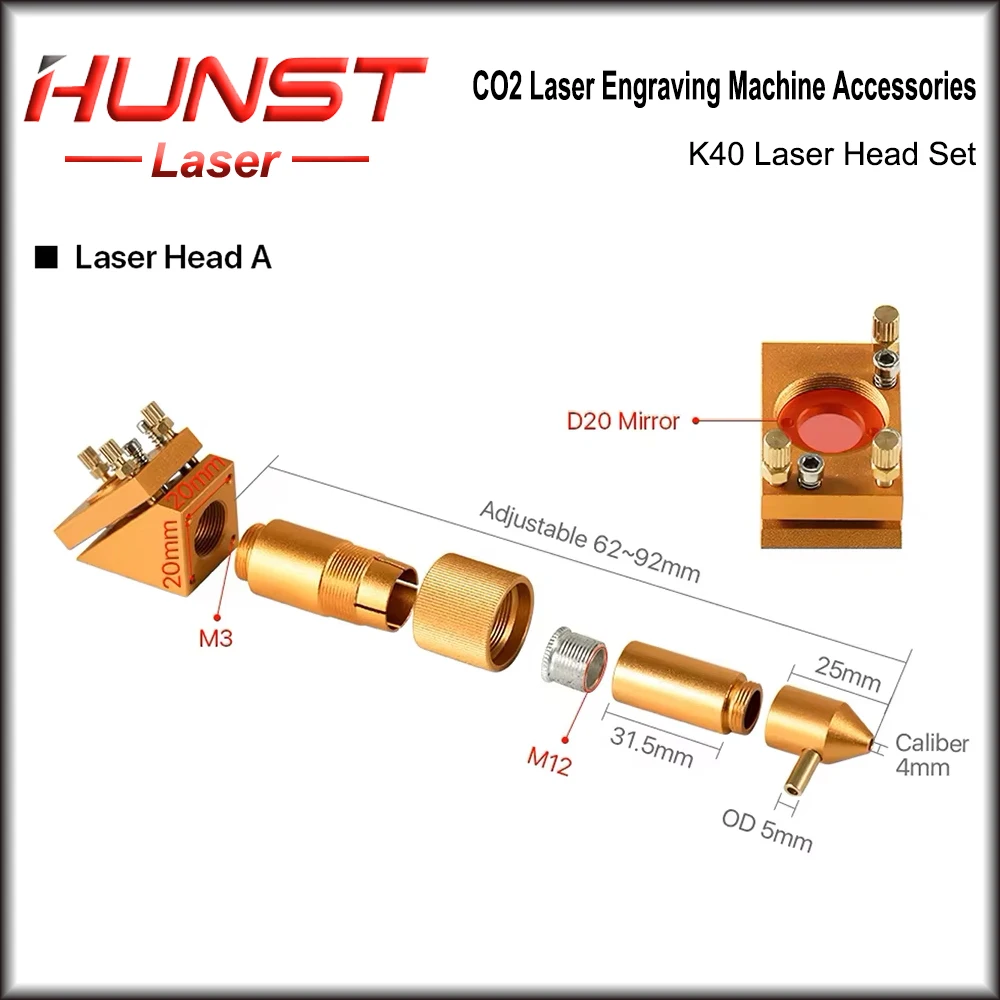 HUNST K Series CO2 مجموعة رأس الليزر Dia12 / 20mm FL:50.8mm عدسة ذهبية اللون لآلة قطع النقش بالليزر 2030 4060 K40