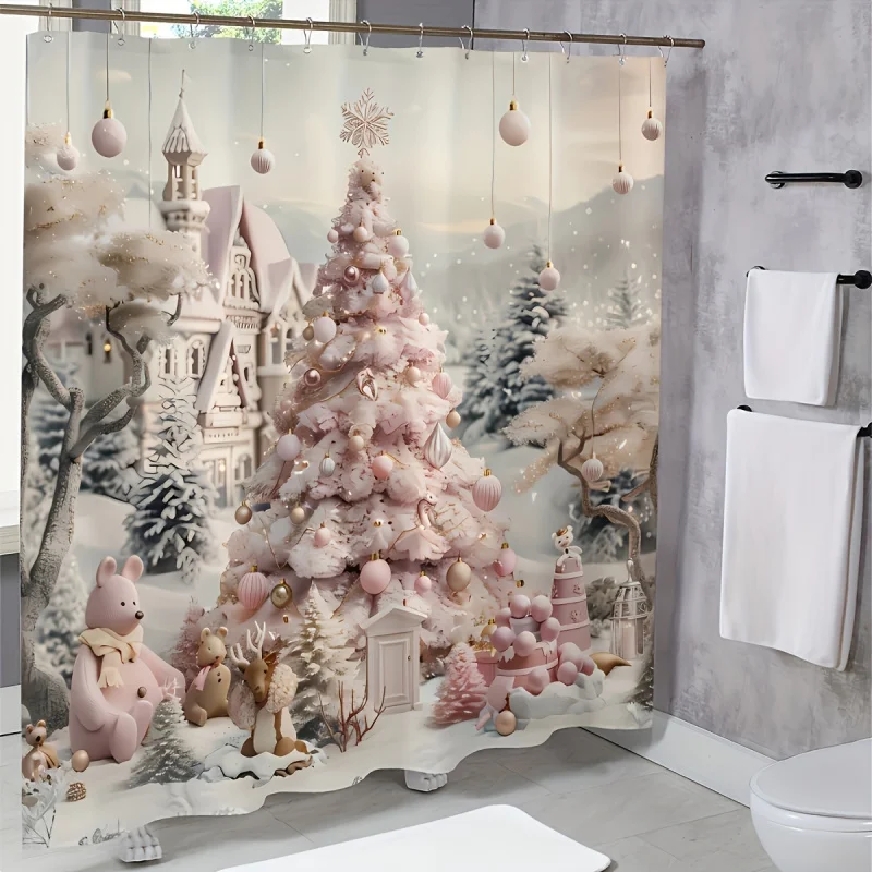 1/3/4 Set Christmas Holiday Shower Curtain, Printed with Snowmen and Animals, Digital Printing, Waterproof, Polyester Material,