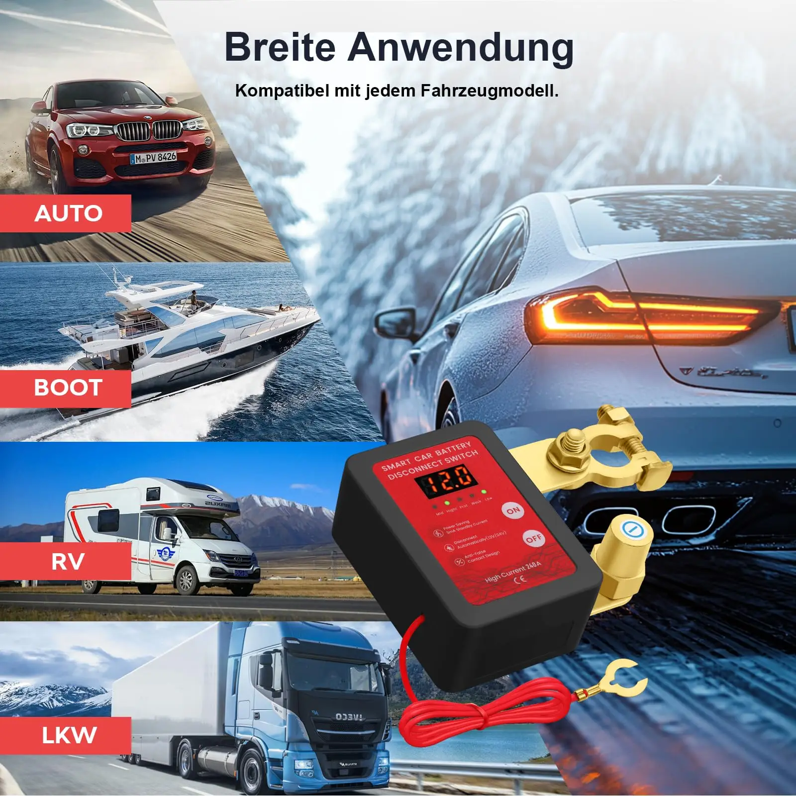 

Главный выключатель аккумулятора 12 В Главный выключатель аккумулятора с дистанционным выключателем аварийного аккумулятора для тяжелых условий эксплуатации 240A 433 МГц Противоугонный выключатель