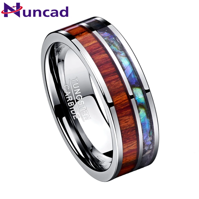 NUNCAD 8MM Wide Men's Ring Polished 100% Tungsten Carbide Ring Inlay Wood Grain Natural Shell Flat Edge Comfort Fit Size 7-12