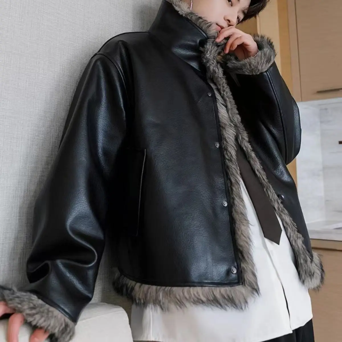 Trendy Cool PU Leather Coat Men's Wnter Thicken Velvet Overwear Motorbike Style Short Loose Warm Jacket Male Casual Overcoat