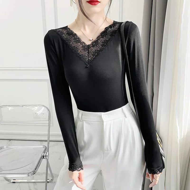 Autumn Long Sleeve Shirt Spring Lycra Thermal Underwear Basic V Neck T-shirt Underwear Woman Top Thin Blouse Female Clothing