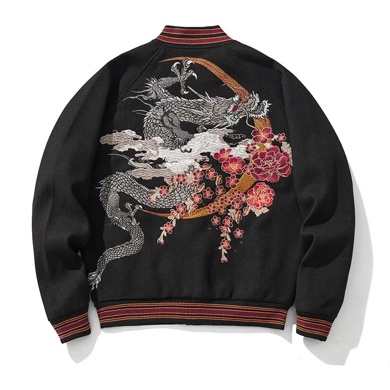 

New Sle Khaki Baseball Jaet with Dragon Embroidery Heavy Work Hamahiga Floral Design for Men And Women Couples