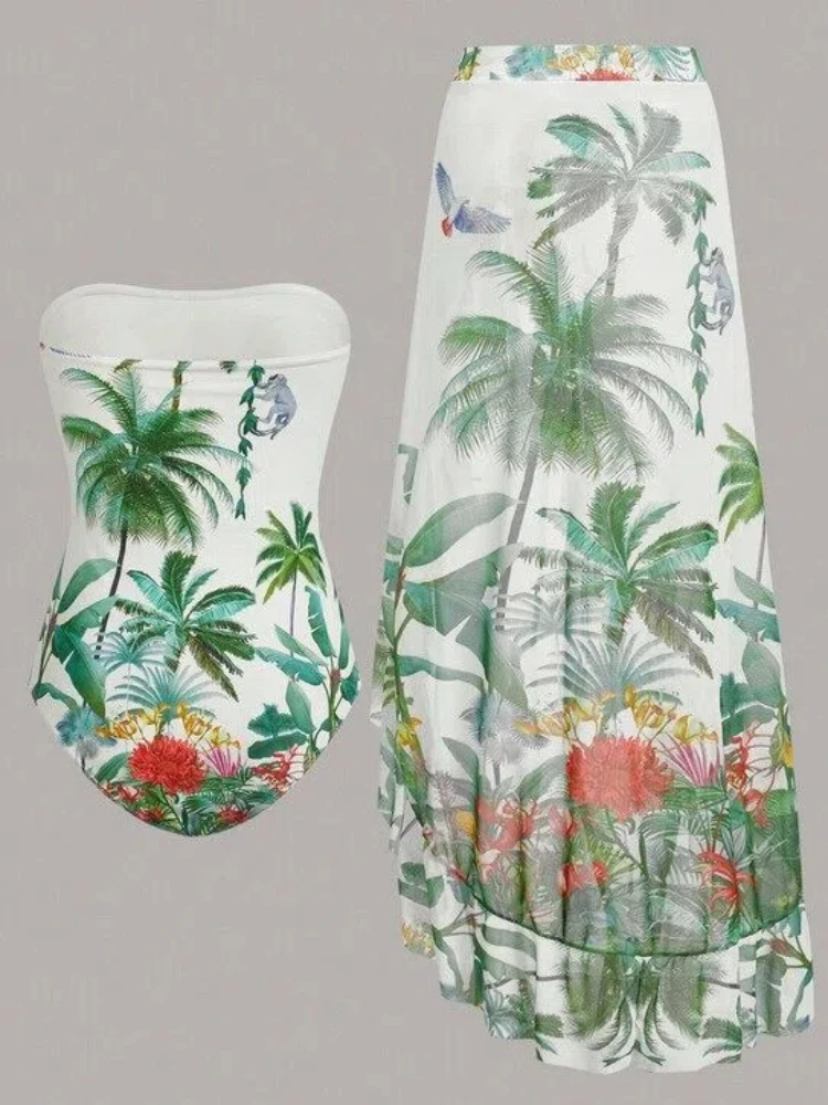 2026 Tropical Jungle Print One Piece Swimsuit Set with Wrap Skirt Women's Bathing Suit & Cover Up Summer Sundress Skirt Swimsuit