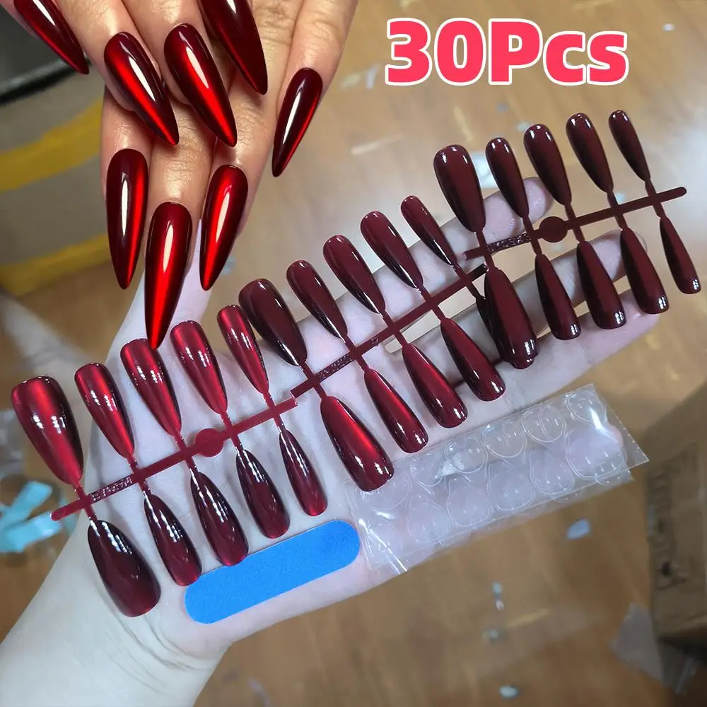 30 szt. Halloweenowe czerwone sztuczne paznokcie kocie oko XS/S/M długie migdałowe paznokcie doczepiane pełne pokrycie modne odpinane gotowe tipsy