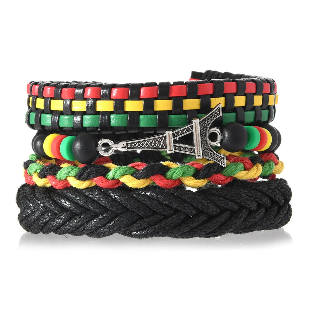 Boho Reggae Multilayer Leather Bracelets Set for Men Women Rasta Color Braided Beaded Stack Vintage African & Motorcycle Jewelry