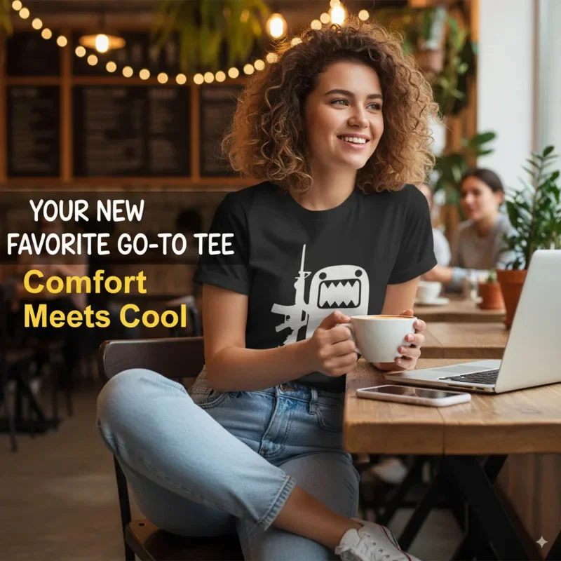 

Oversized Short Sleeve Tee With Fierce Monster And Gun Design Casual Cotton T-Shirt For Men Or Women Summer Street Style Outfit