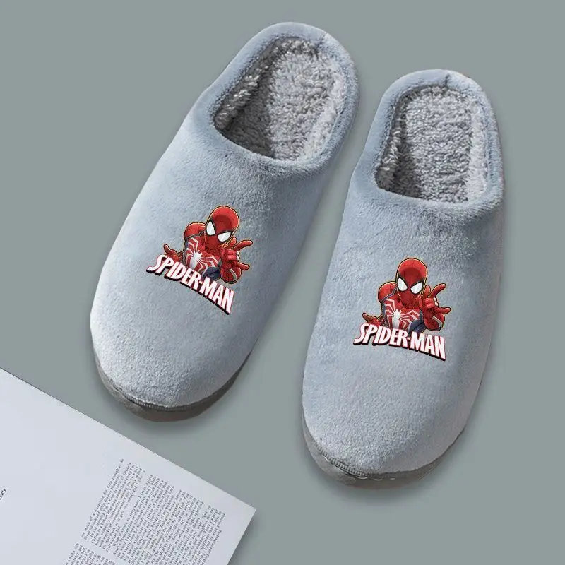 Classic Spider-Man Letter Print Fuzzy House Slippers Winter Warm Plush Lined Non-Slip Indoor Home Slippers Soft Comfort Shoes