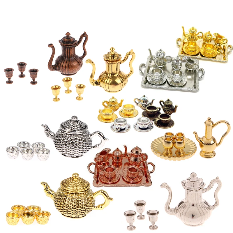 

1:12 Doll House Miniature Metal Tea Set/Wine Set Model Doll House Furniture Miniature Dining Ware Toy Teapot Cup Plate