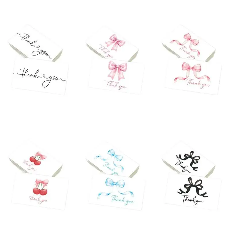 Cartes de remerciement professionnelles, 50 pièces, Design cerise et nœud rose, Invitations de célébration, cartes d'emballage cadeau pour fête