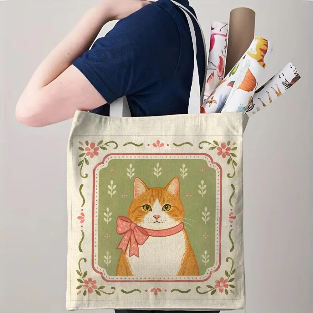 Cute Cat Portrait Photo Frame Storage Bags Canvas Double-Sided Print Beach Bag Durable Handbag Shoulder Travel Bag Gift