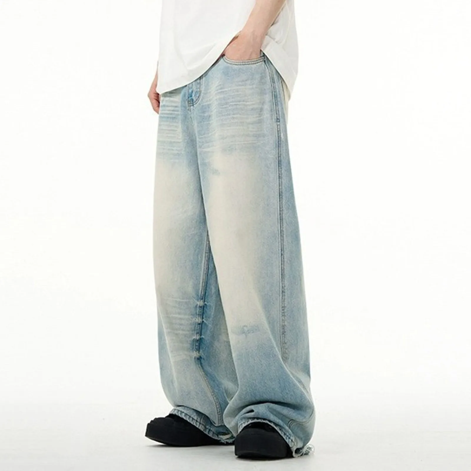 Korean Fashion Men's Hip Hop Jeans Large Size Wide Leg Jeans Long Pants High Waisted Women Calf Hole Stretch Baggy Joggers Pants