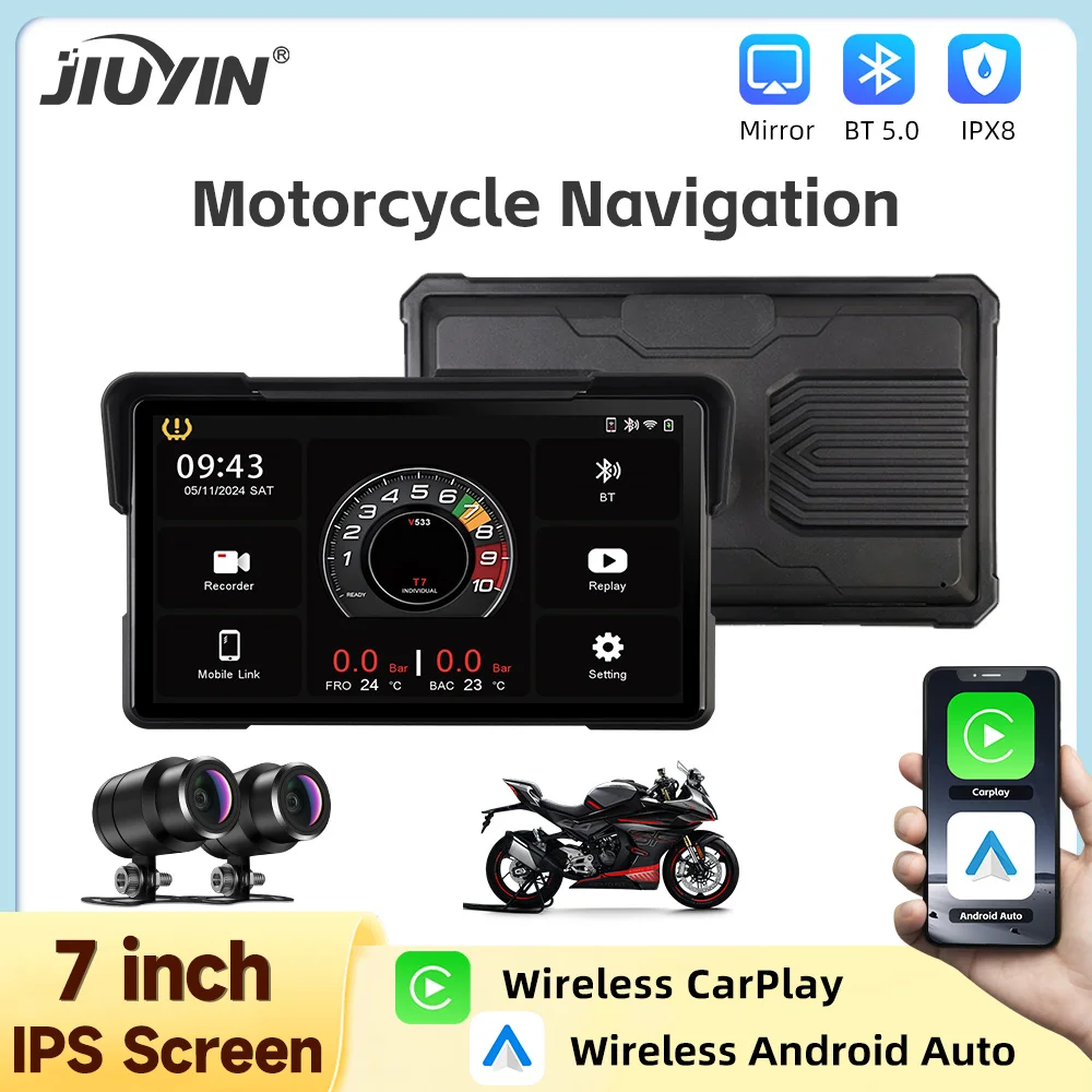 JIUYIN 5/7 Inch Motorcycle 2K DVR GPS Navigation Multimedia Player Wireless CarPlay Android Auto IPX8 Waterproof Screen Recorder