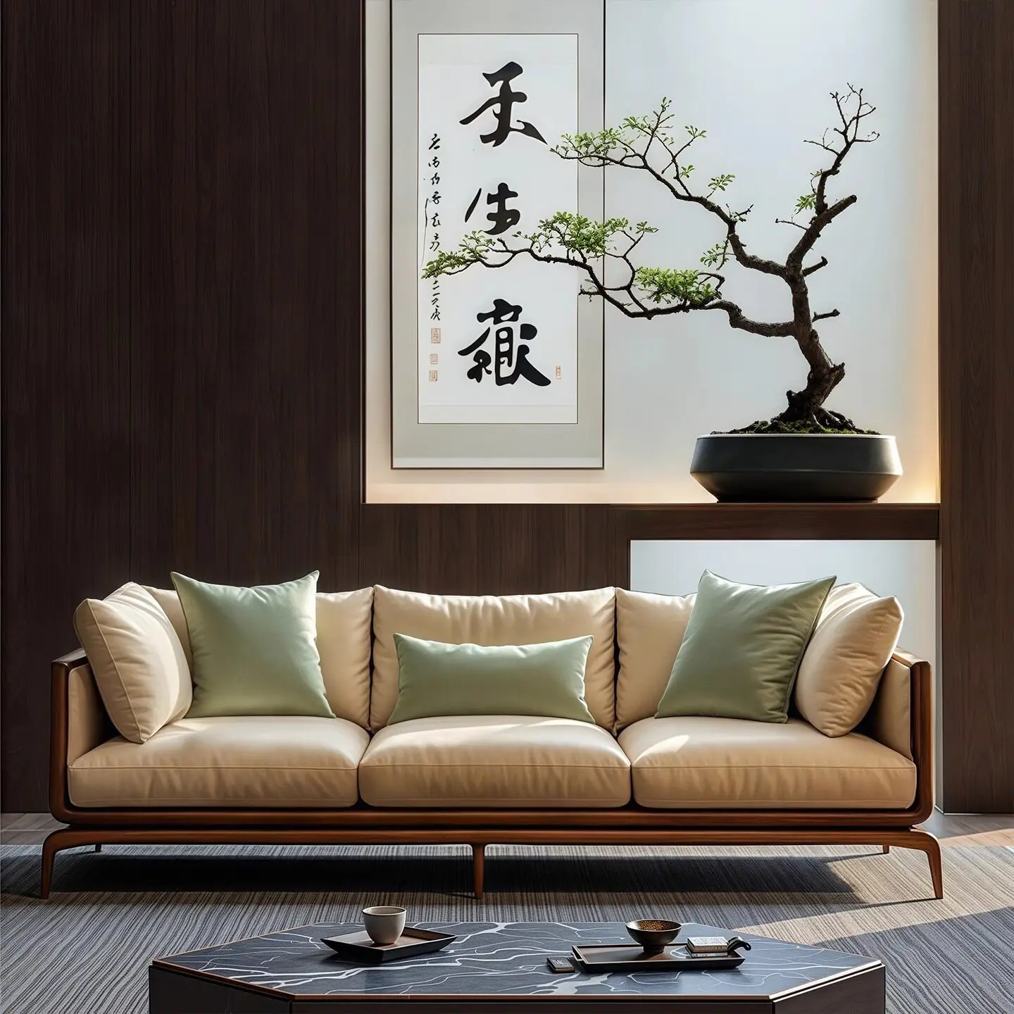 LH medieval style solid wood wabi-sabi style living room new Chinese straight row three-person combination