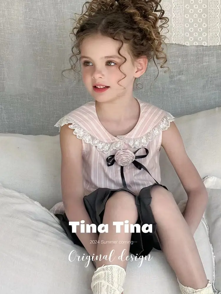 

Girls Suit 2025 Summer New Childrens Clothing Korean Style Girl Baby Pink Stripe Lace Collar Shirt Half Skirt Two Sets Casual