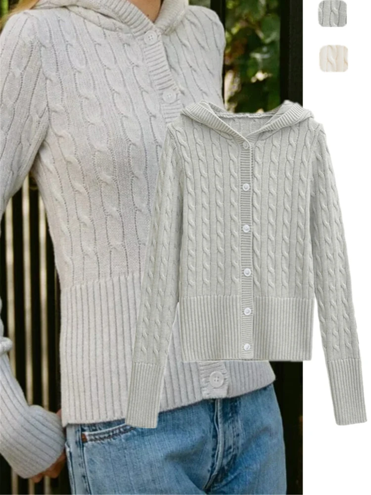 

American Retro Hook Knitted Long Sve Women's Sweater Pure Desire Slim Fit Heavy Work Single Button Casual Faion