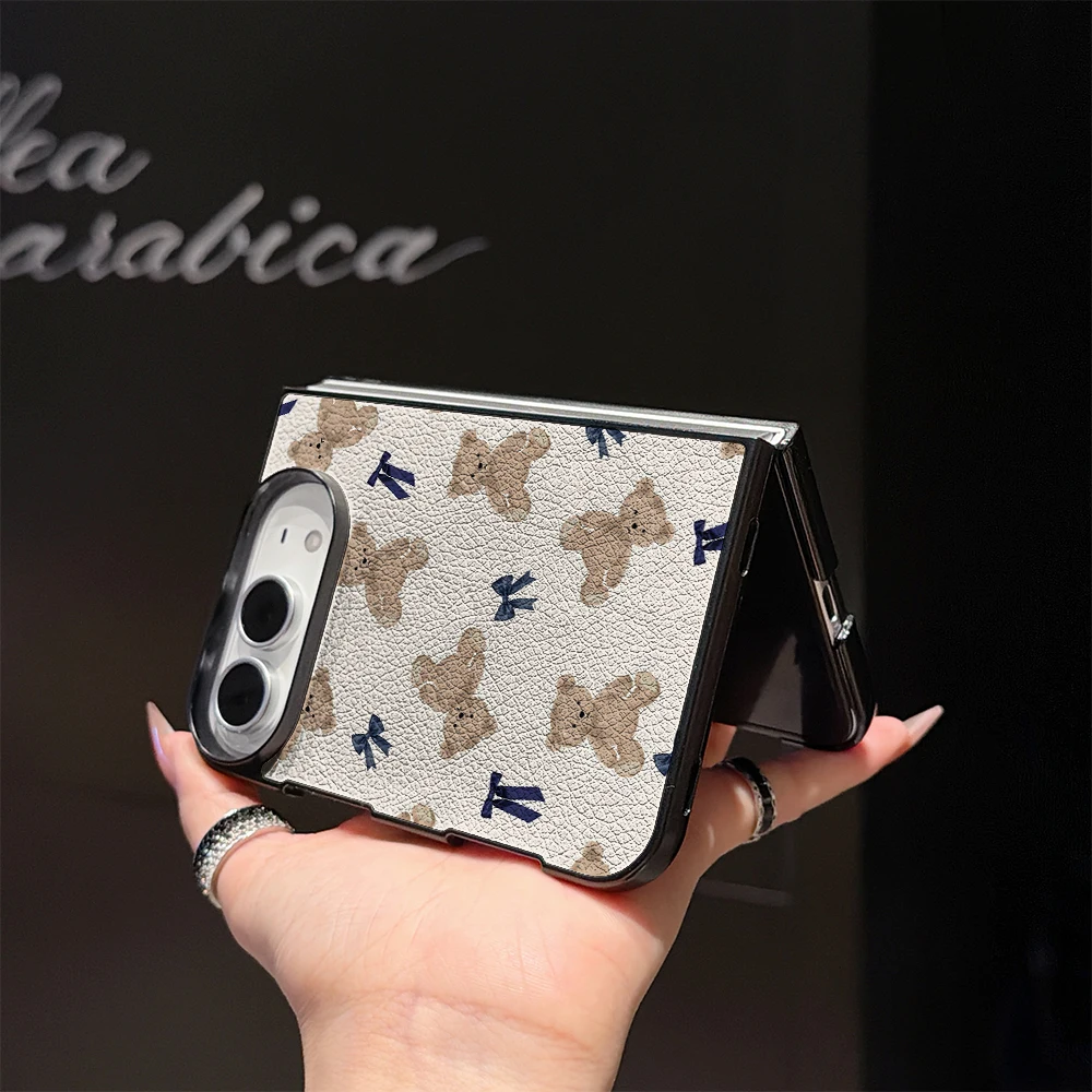 Pirve Teddy Bears and Bows Phone Case For IPhone Duo For IPhone 18 Premium PU Leather Shockproof Protective Fold Cover