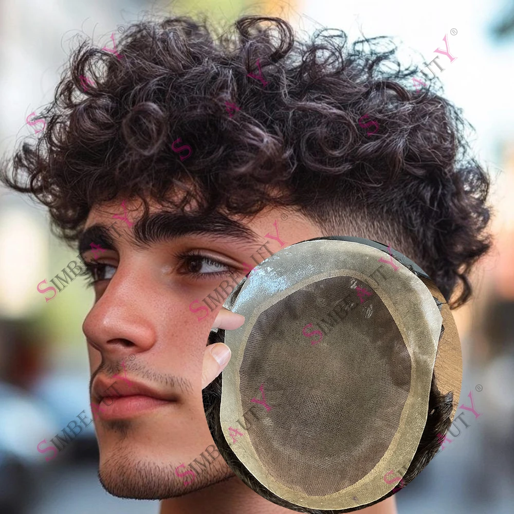 Men's Durable 100% Human Hair Toupee Fine Mono Mesh Lace PU Base Wigs Brown 20mm 25mm Curly Capillary Prothesis Systems Pieces