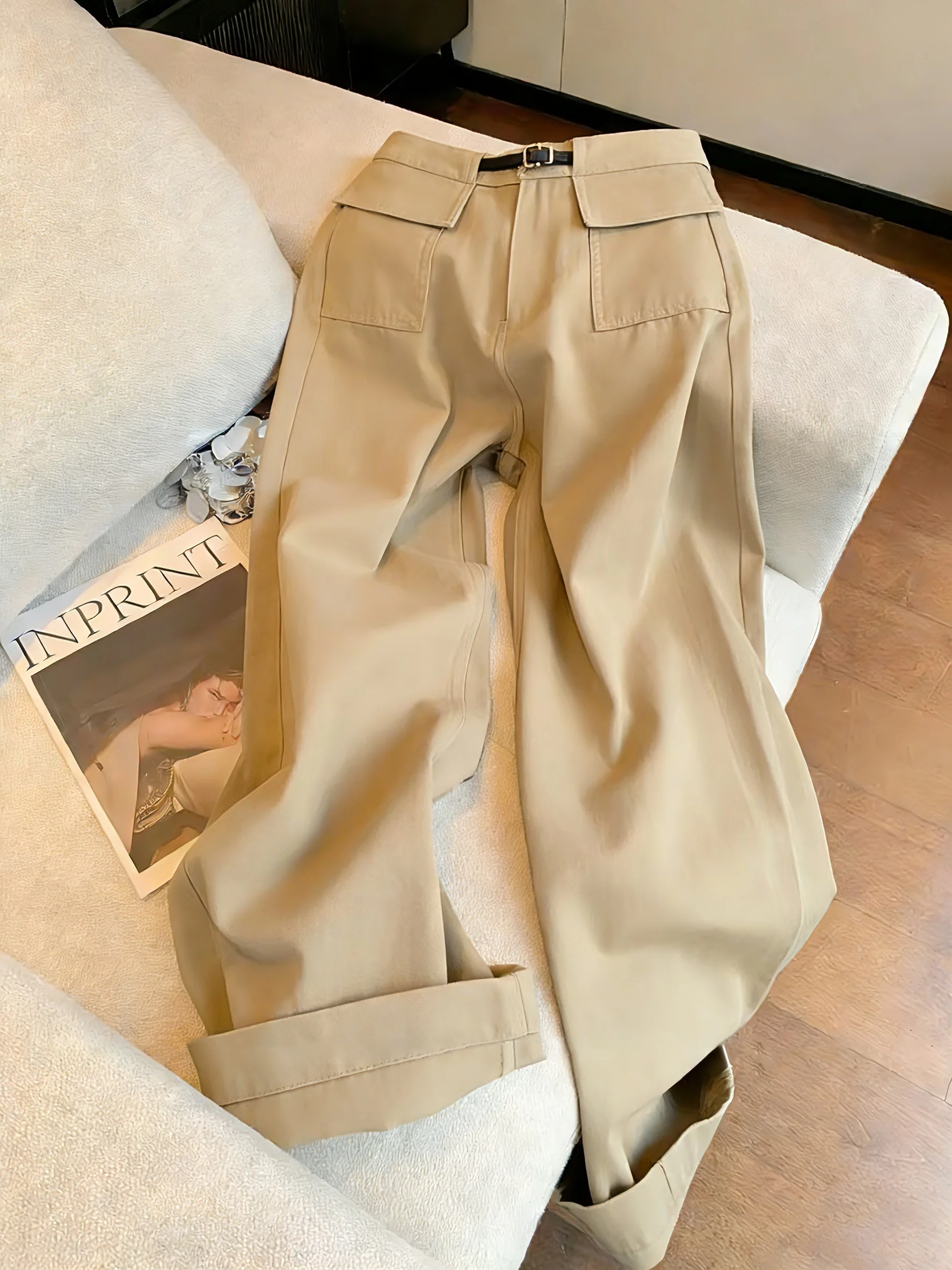 

Стильные повседневные брюки цвета хаки с высокой талией, прямого кроя, свободные, универсальные, широкие, для весны и осени