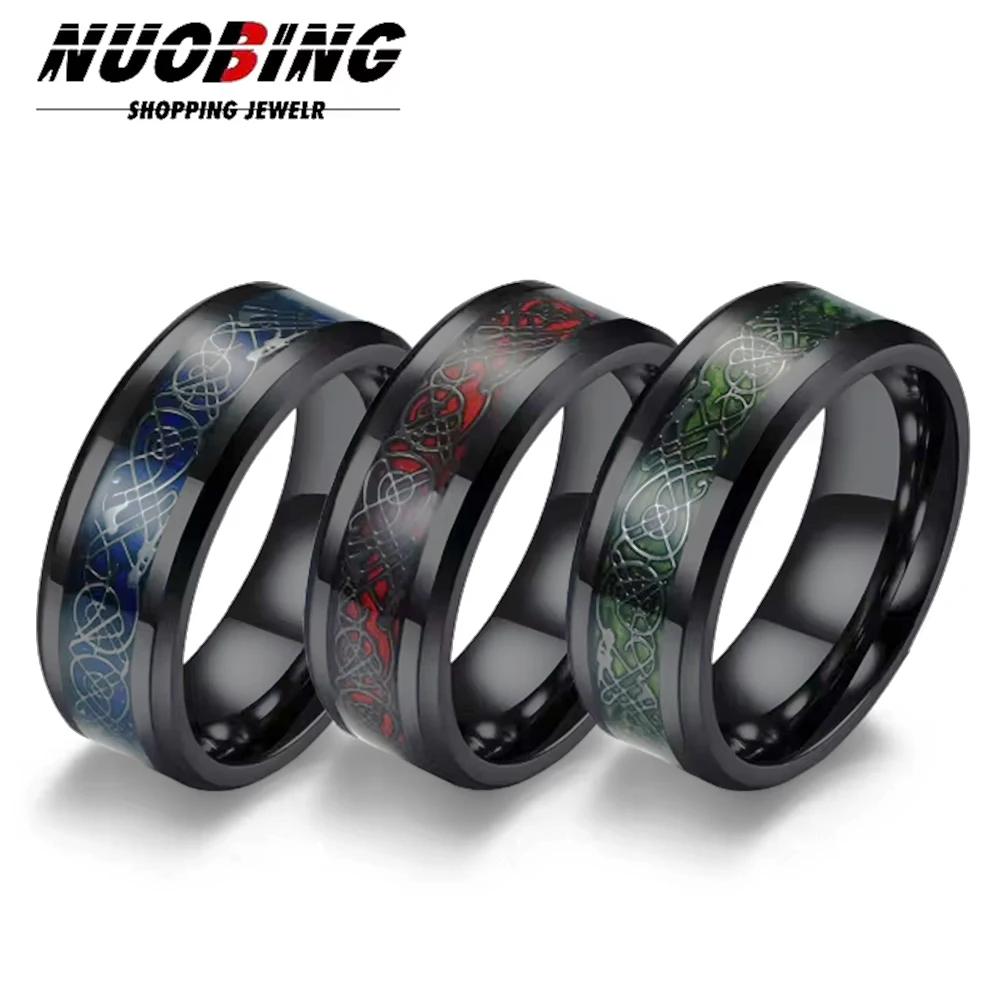 2025 Fashion Men Stainless Steel Dragon Ring Inlay Purple Black Carbon Fiber Ring Wedding Band Jewelry 8MM
