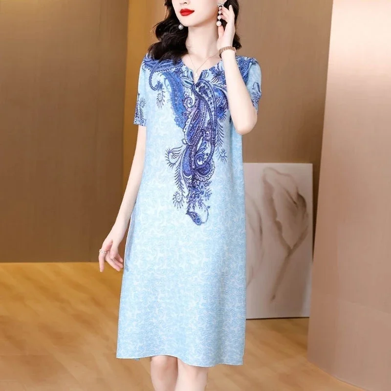 

Elegant Women's Chinese Style Dress With Paisley Embroidery Loose Fit A Line Knee Length Casual Spring Summer Wear