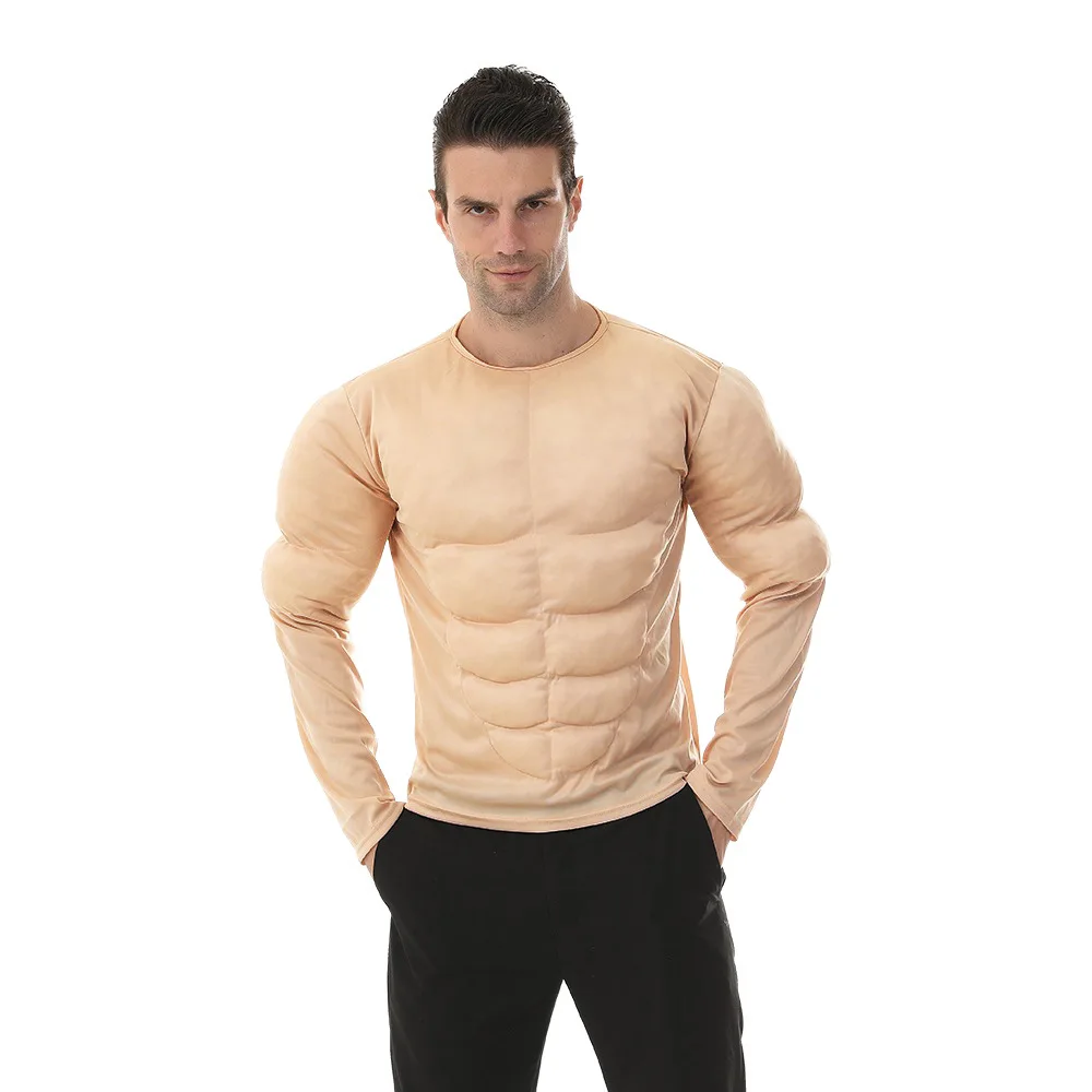 Realistisches Fake-Muskelshirt für Männer Gepolsterte Bizeps- und Bauchmuskeln Langarm Hautfarbenes Oberteil Lustiges Scherz-Outfit Halloween Karneval Cosplay-Kostüm