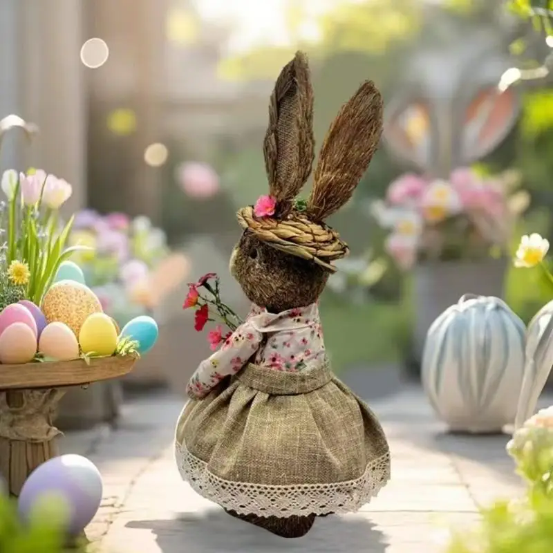 QX2E Grass Woven Easter Rabbit Decoration for Mantel Holiday Party Table Centerpieces