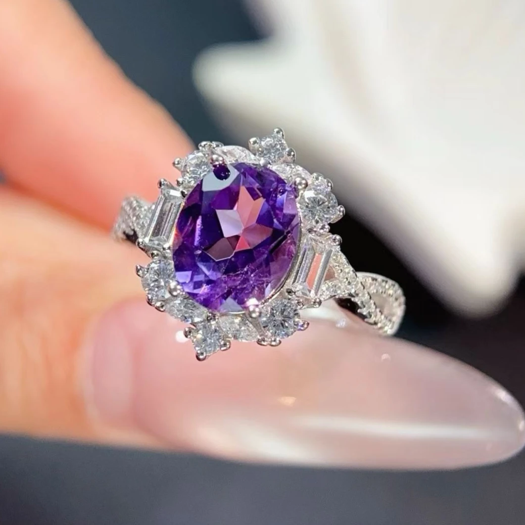 Sparkling Natural Amethyst Ring 925 Silver Purple Gemstone Halo Setting CZ Fine Jewelry for Women