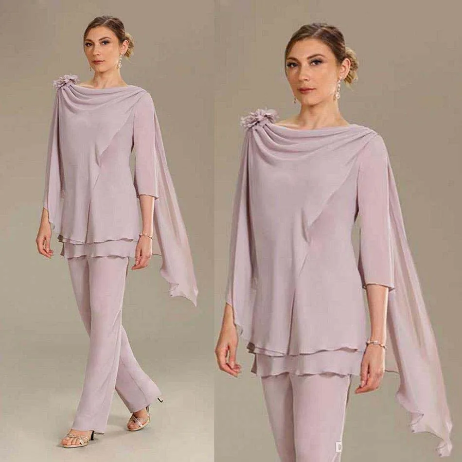 Mother of the Bride Dresses Champagne Pant Suits For Wedding Guest Dress Chiffon Large Size Godmother Costumes Party Tunic Dress