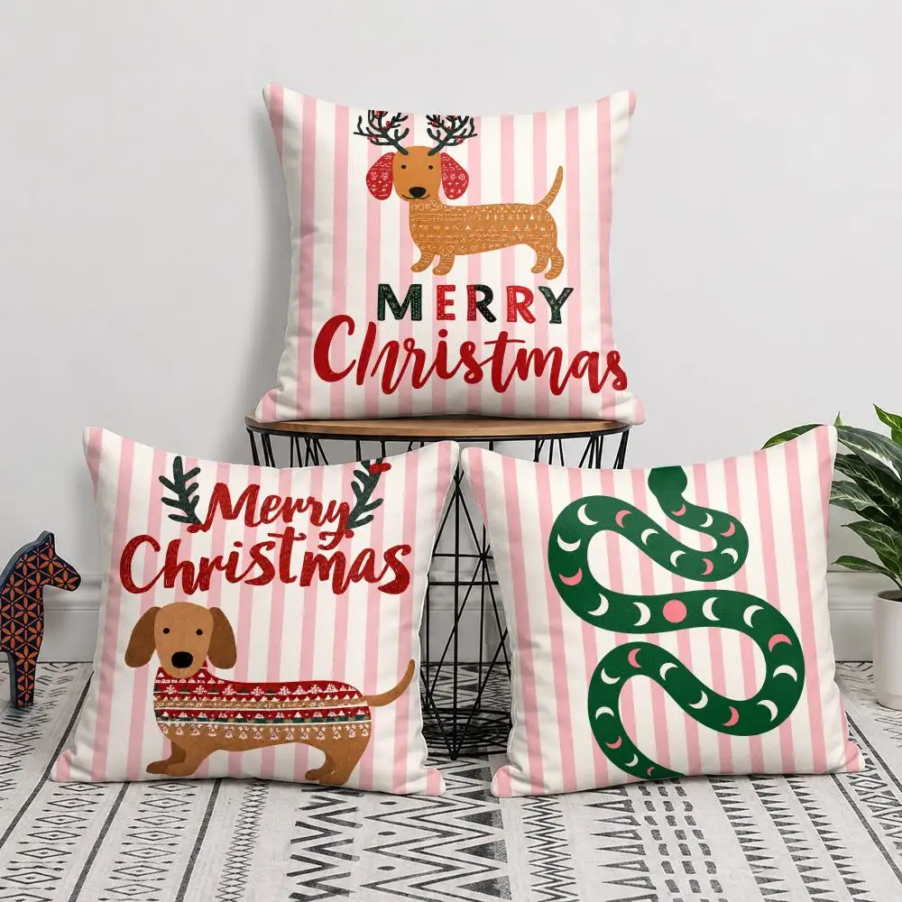 Christmas Cute Dog Cushion Cover Soft Short Plush Double-Sided Printing Home Decor Festival Party Pillow Case Gift