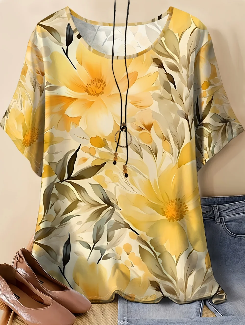 Vintage Lässiges Kurzarm-T-Shirt mit Rundhalsausschnitt für Damen, Sommer-Blumen-T-Shirt, Batik-Oberteil, 3D-Druck, lockere Mode-Damenbekleidung – Detail 4