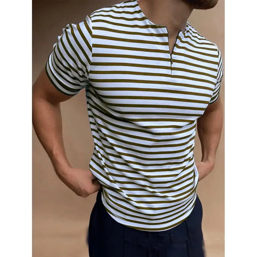 Men's Collarl ort Sve T-irt Slim Fit Polyester Blend Cool Feeling Casual Sle Striped Pattern Spring Summer  S...