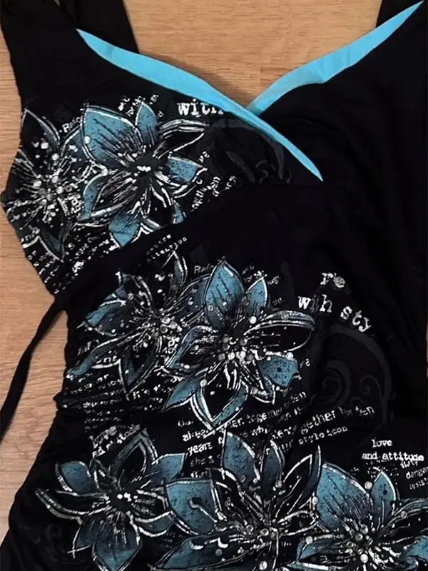 خمر الأسود طباعة المرقعة الشارع الشهير الدبابات النساء الجرونج ضمادة الجنية بروتيل الصيف Harajuku مثير Y2k الجمالية تانك القمم