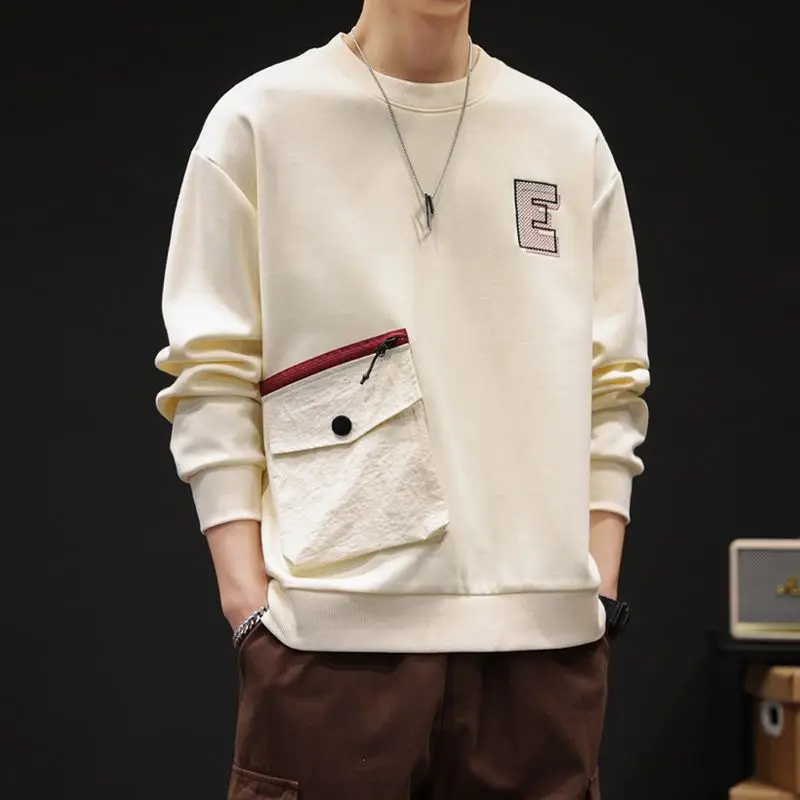 

2024 New Men's Spring Autumn Loose O-Neck Spring Spliced Letter Pocket Fashion Solid Color Loose Casual Long Sleeve Sweatshirts