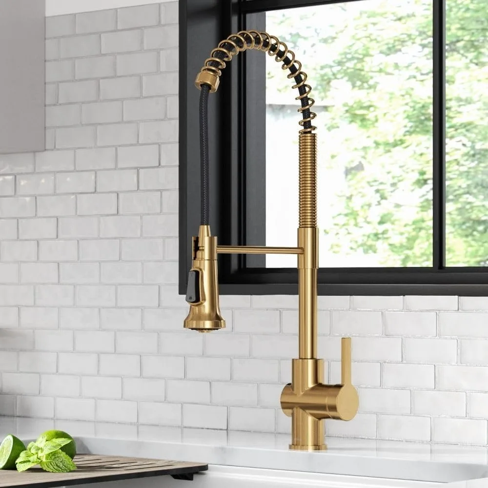 Commercial drop down single handle kitchen faucet, brushed brass, suitable for kitchen, restaurant use, beautifully designed