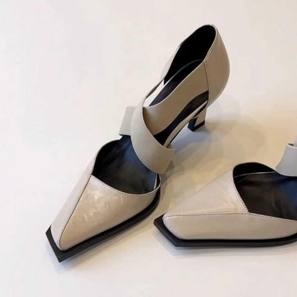 

2026 Women's French Elegant Cross Elastic Strap Mary Jane Shoes Square Toe Block Heel Pumps