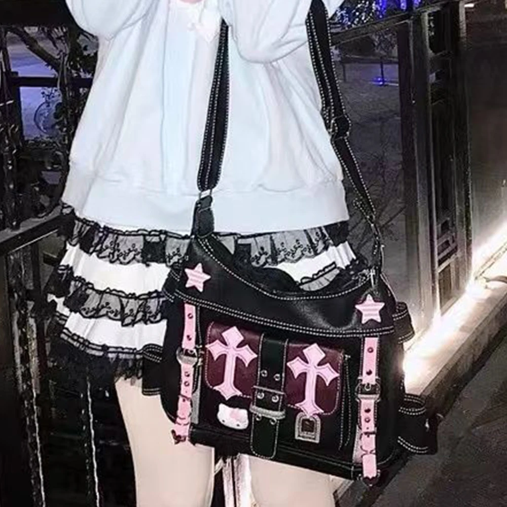 Hello Kitty Sanrio Gothic Punk Vintage Pink Cross Chains Crossbody Bags For Women Toys Hot Girl Handbag Y2k Trend Tote Bag Gift