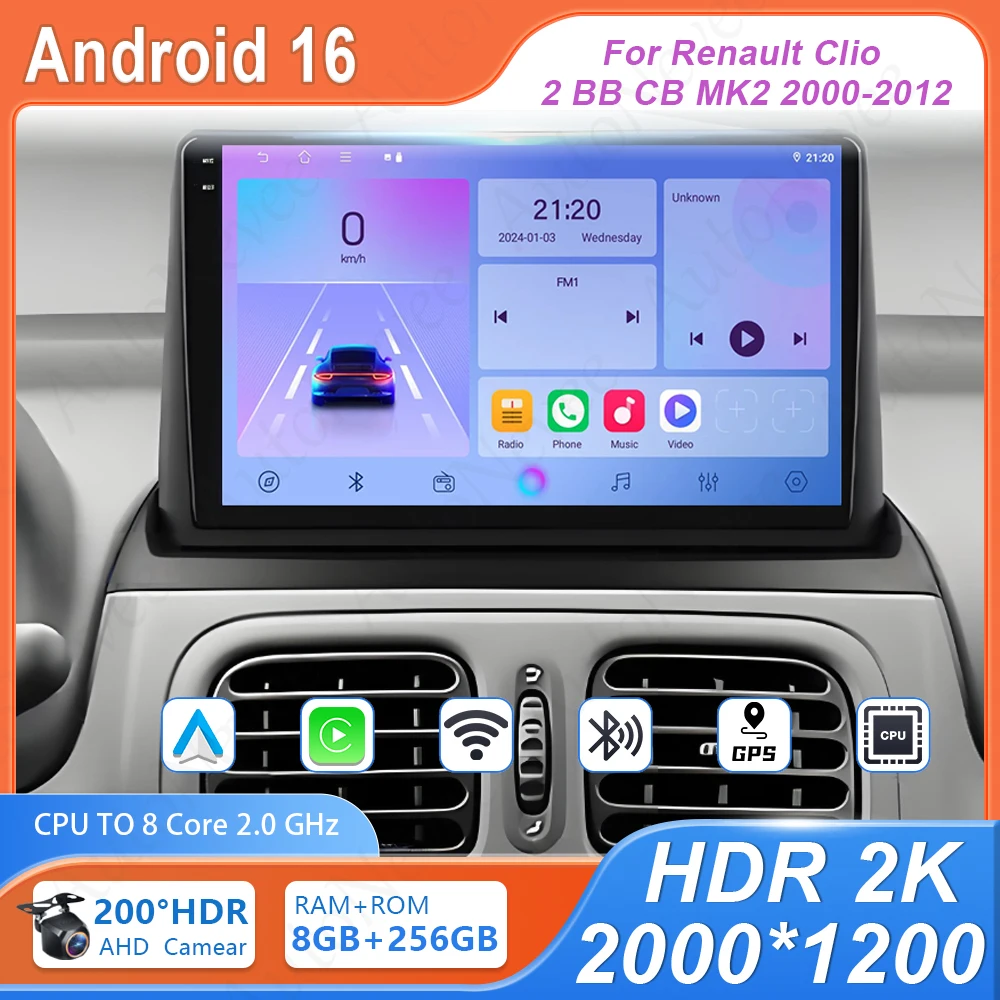 

Автомобильная магнитола Android для Renault Clio 2 BB CB MK2 2000-2012, мультимедийный проигрыватель, 4G, Wi-Fi, Bluetooth, высокопроизводительная GPS-навигация
