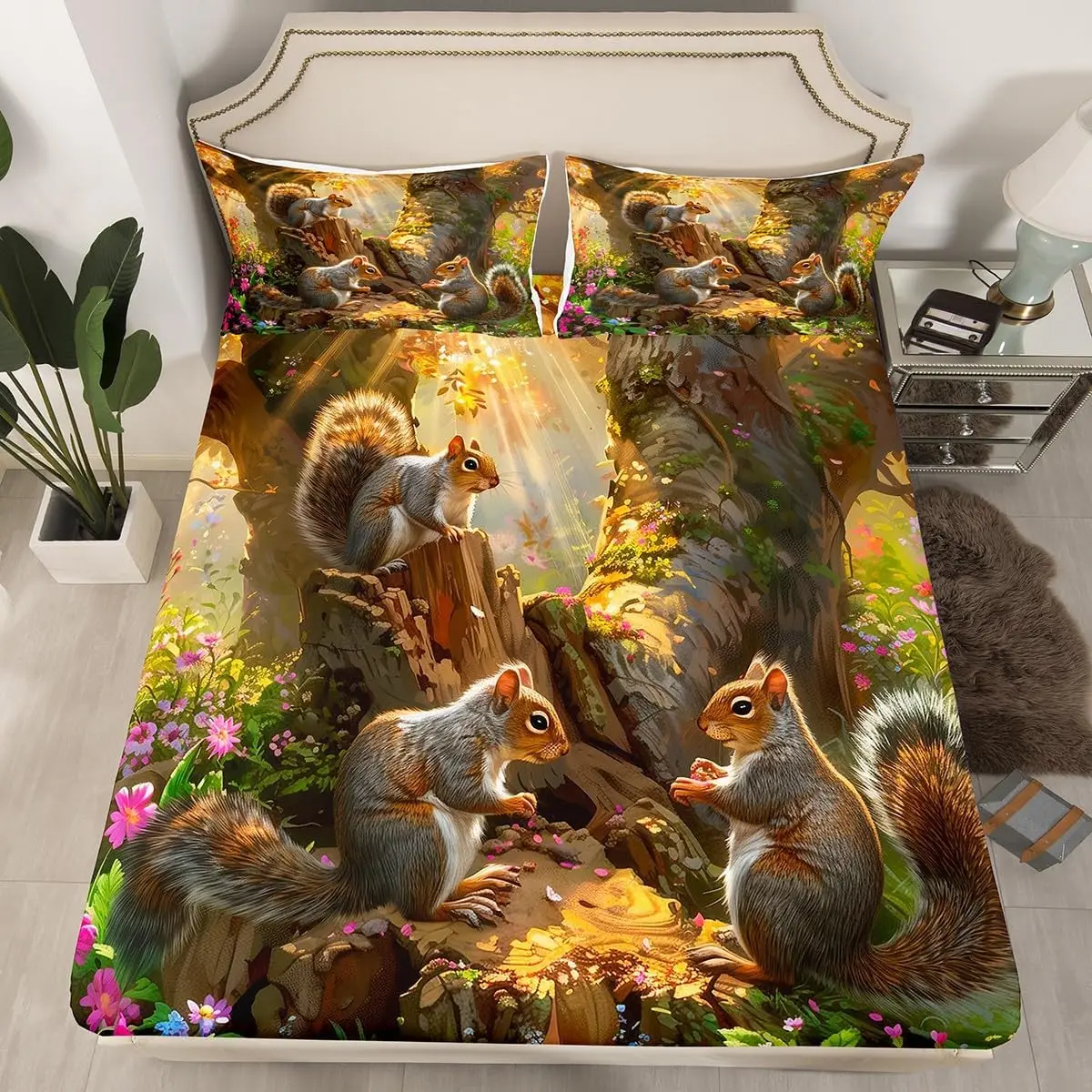 Cute Squirrel Fitted Sheet Wild Animal Bedding Set Cartoon Squirrel Bed Sheets Natural Jungle Landscape Rustic Deep Pocket Sheet
