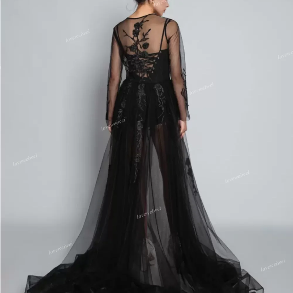 Black Lace Sexy Wedding Dress High Split Tulle Appliques Evening Gown Dress Long Sleeve Mysterious Wedding Gown Vestidos