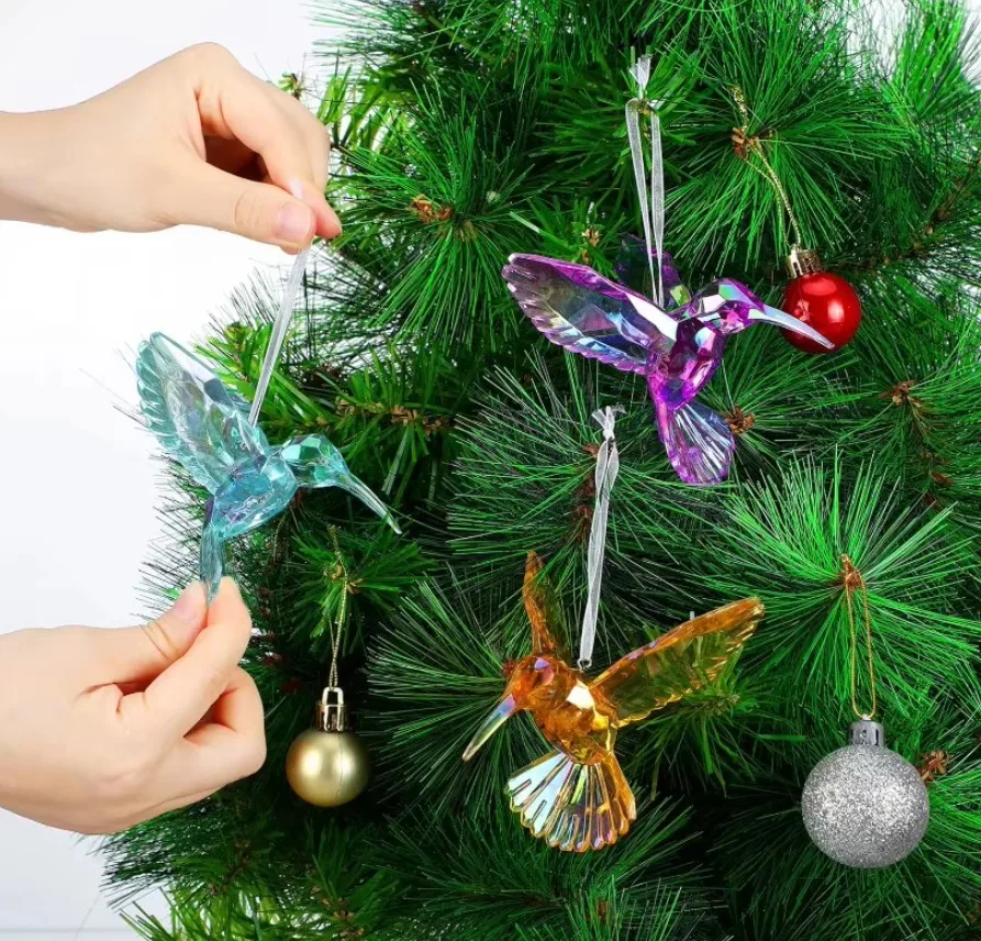 10pcs Hummingbird Hanging Ornaments Acrylic Animal Shiny Iridescent Figurines Hanging for Garden Tree Decoration Party Favor