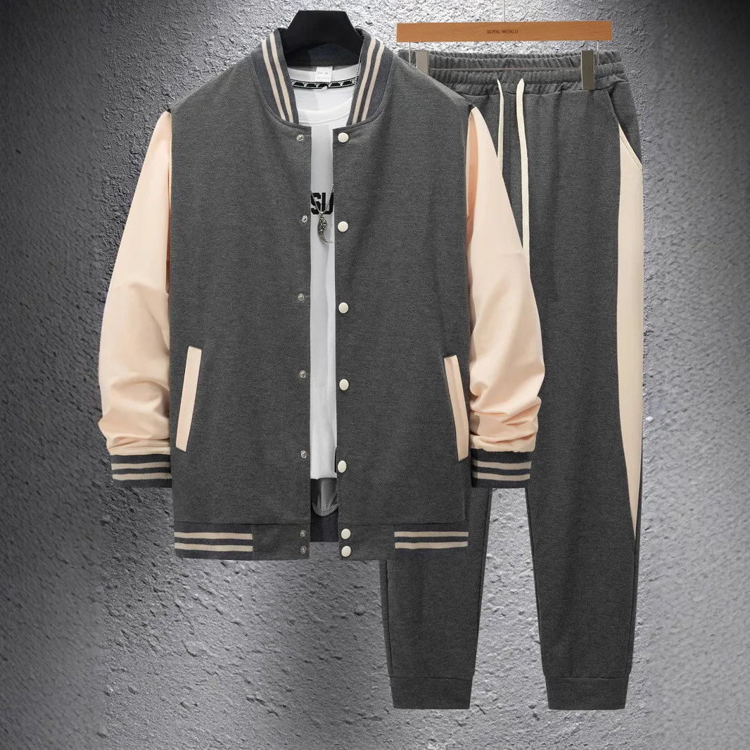 Autumn and winter new thick baseball suit casual men\'s stand collar cardigan coat matching color sports long sleeve pants suit