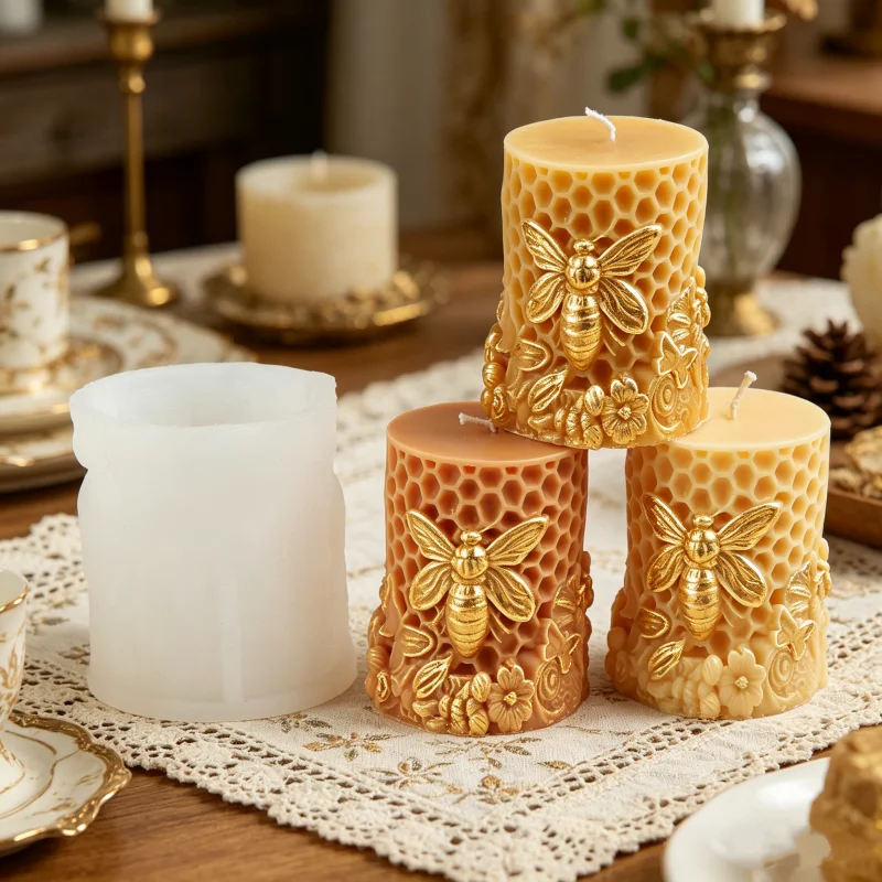 3D Bee & Honeycomb Silicone Candle Mold Emboossed Queen Bee and Butterfly Floral Hive Pillar Mold DIY Scented Candles Home Decor