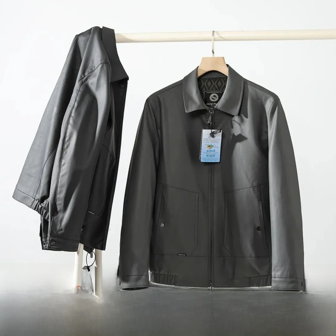 

High-End Quali Men's Faion Leather Jaet Collared Casual Outerwear Waterproof Stand Fit Long Sve Zipper Closure